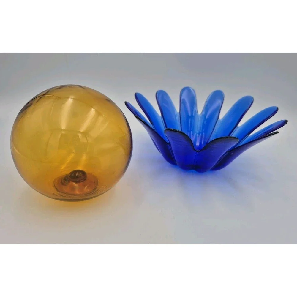 Cobalt Blue Heavy Art Glass Lotus Unique Candle Holder Vintage/ Amber Globe